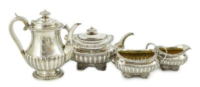 A George IV four piece demi fluted silver tea and coffee service, by Joseph Angell I, comprising