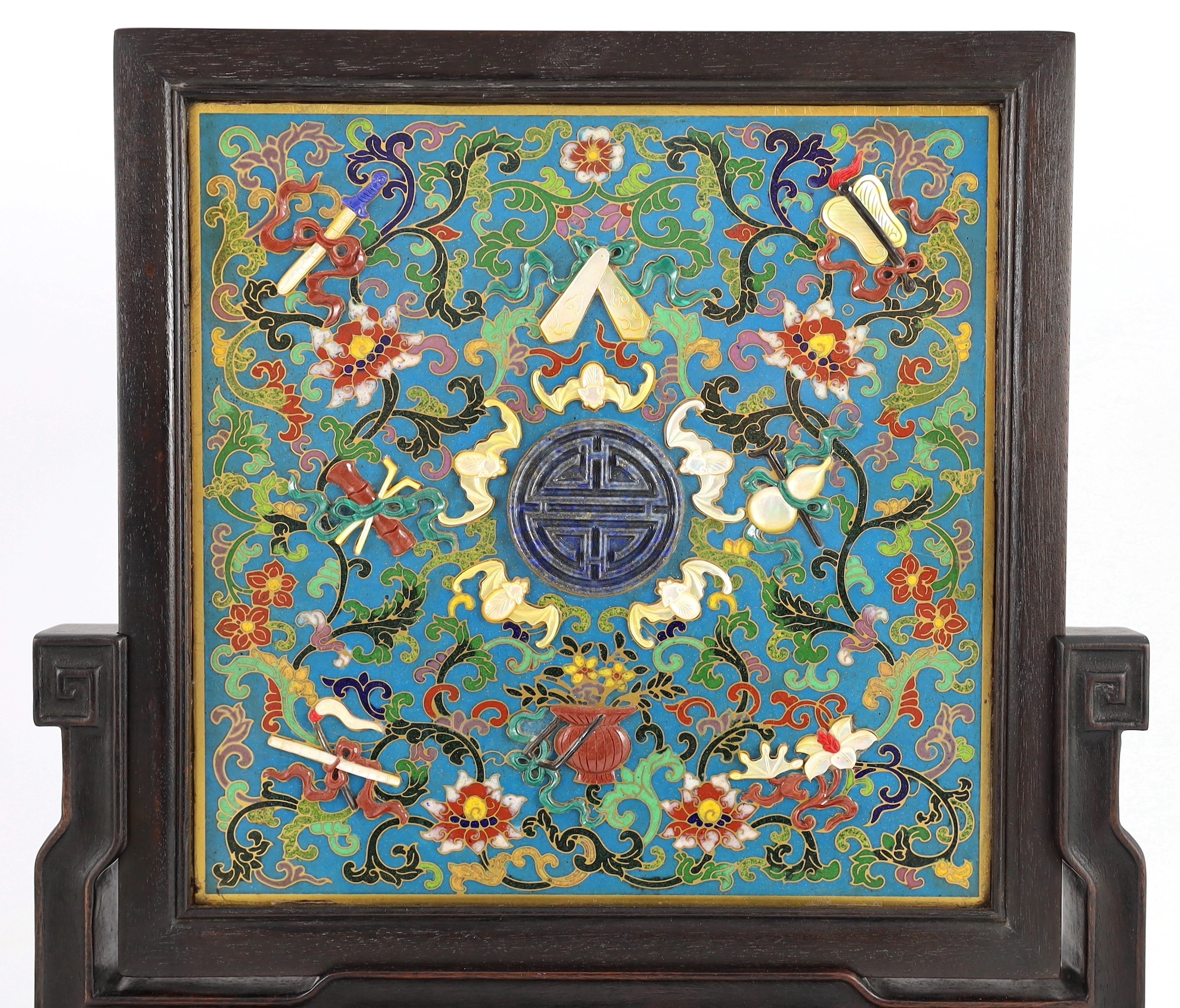 A Chinese cloisonné enamel, hardstone and mother-of-pearl mounted table screen, with pierced and - Image 2 of 7