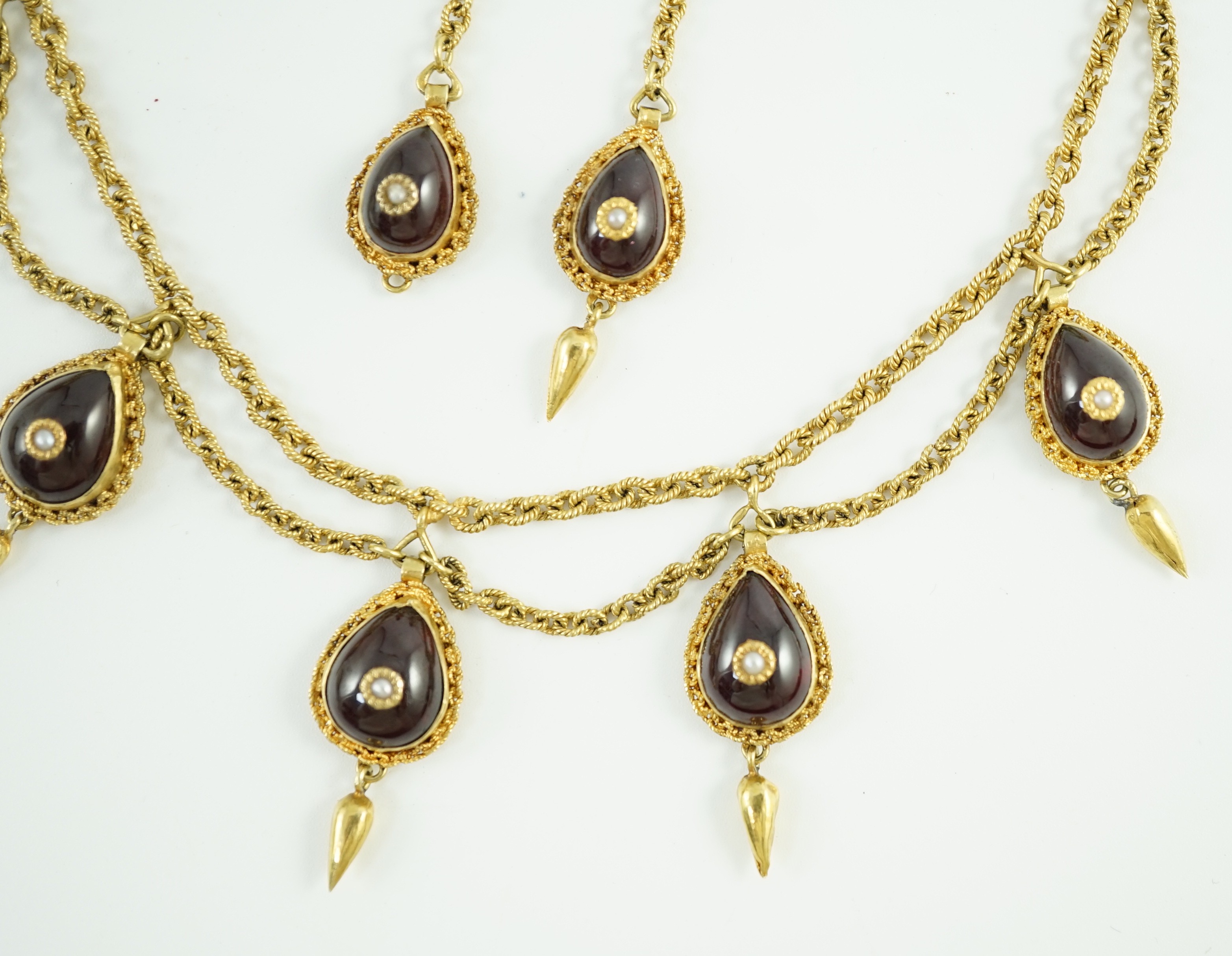 A 19th century Indian gold, garnet and seed pearl set demi parure, comprising and a drop fringe - Image 3 of 7