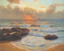 Julius Olsson RA, RBA, PROI, RWA, NEAC (British 1864-1942) 'Sunset off the Cornish coast'oil on