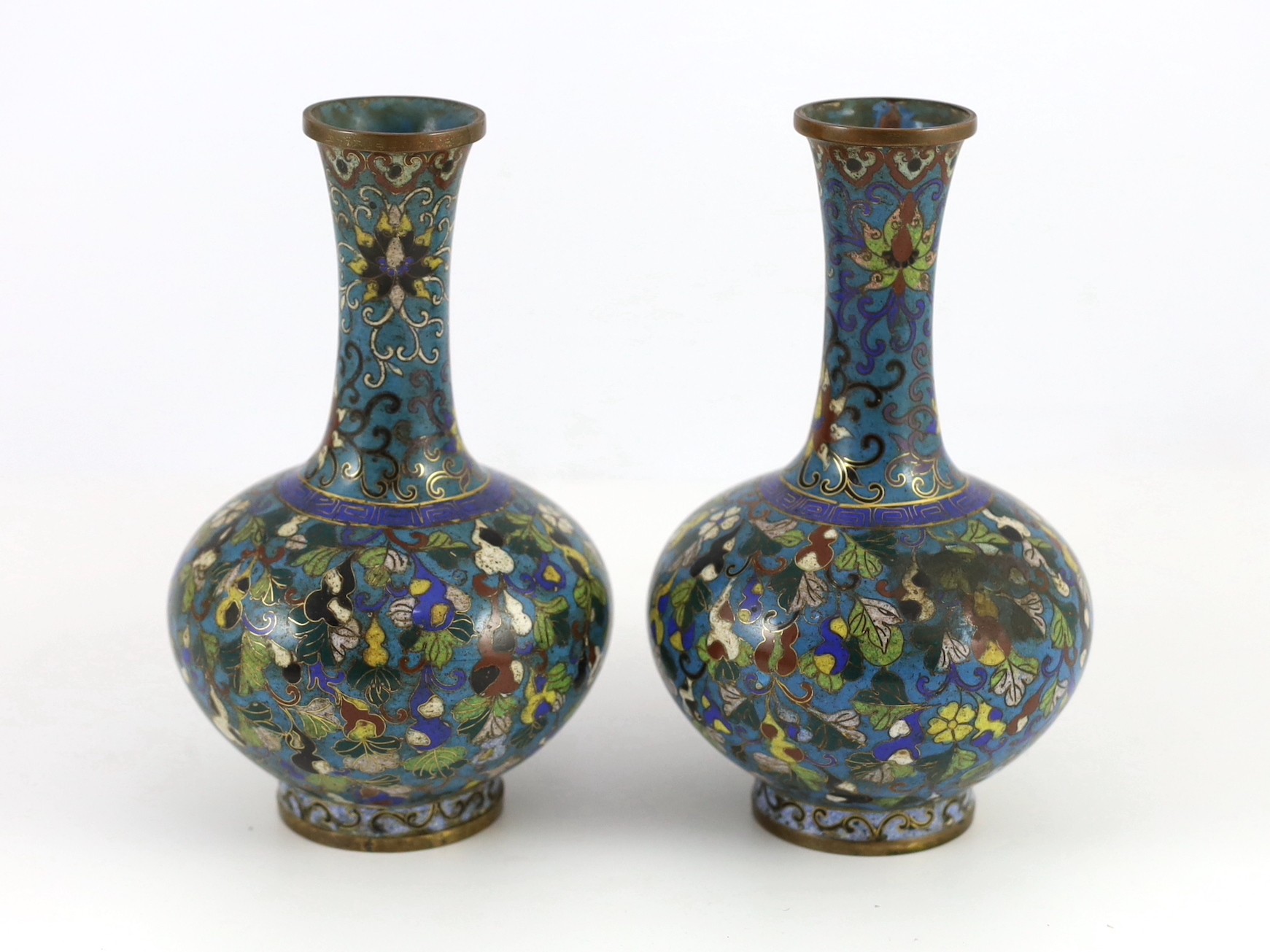 A pair of Chinese cloisonné enamel ‘gourd vine’ vases, early 19th century, decorated in colours with - Image 2 of 4