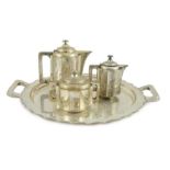 A 20th century Portuguese Art Deco three piece 833 standard silver tea set with two handled tea
