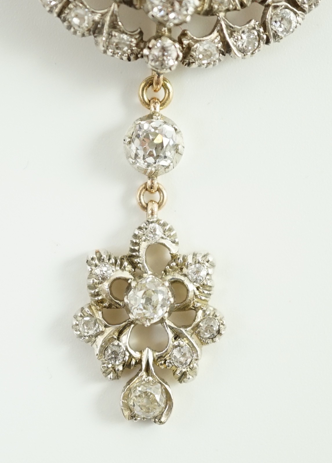 A good Victorian gold, silver and graduated diamond cluster set target drop pendant brooch, retailed - Image 3 of 9