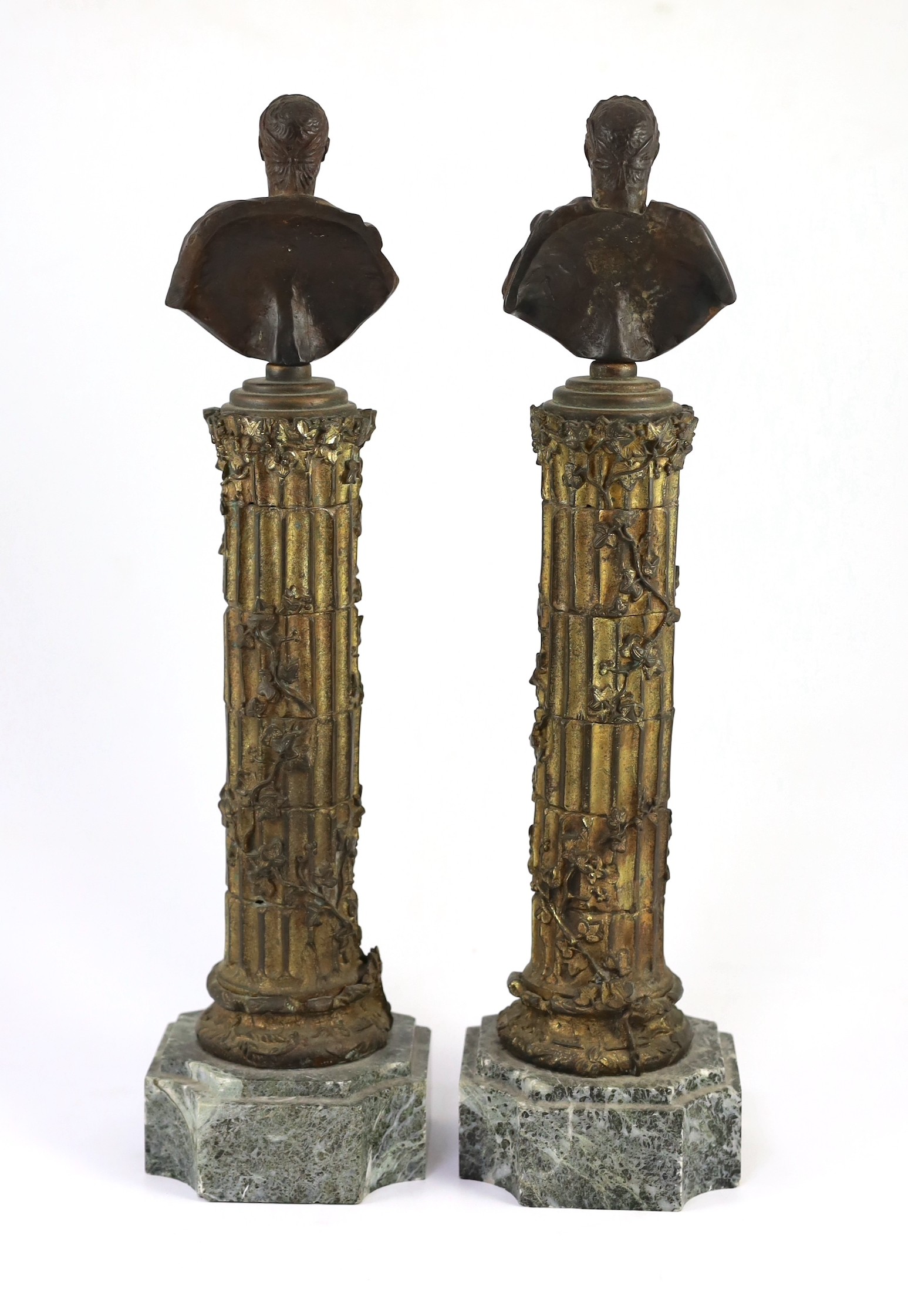 After the Antique. A pair of bronze busts of Roman Emperors, on gilt bronze ivy-entwined columns and - Image 3 of 3