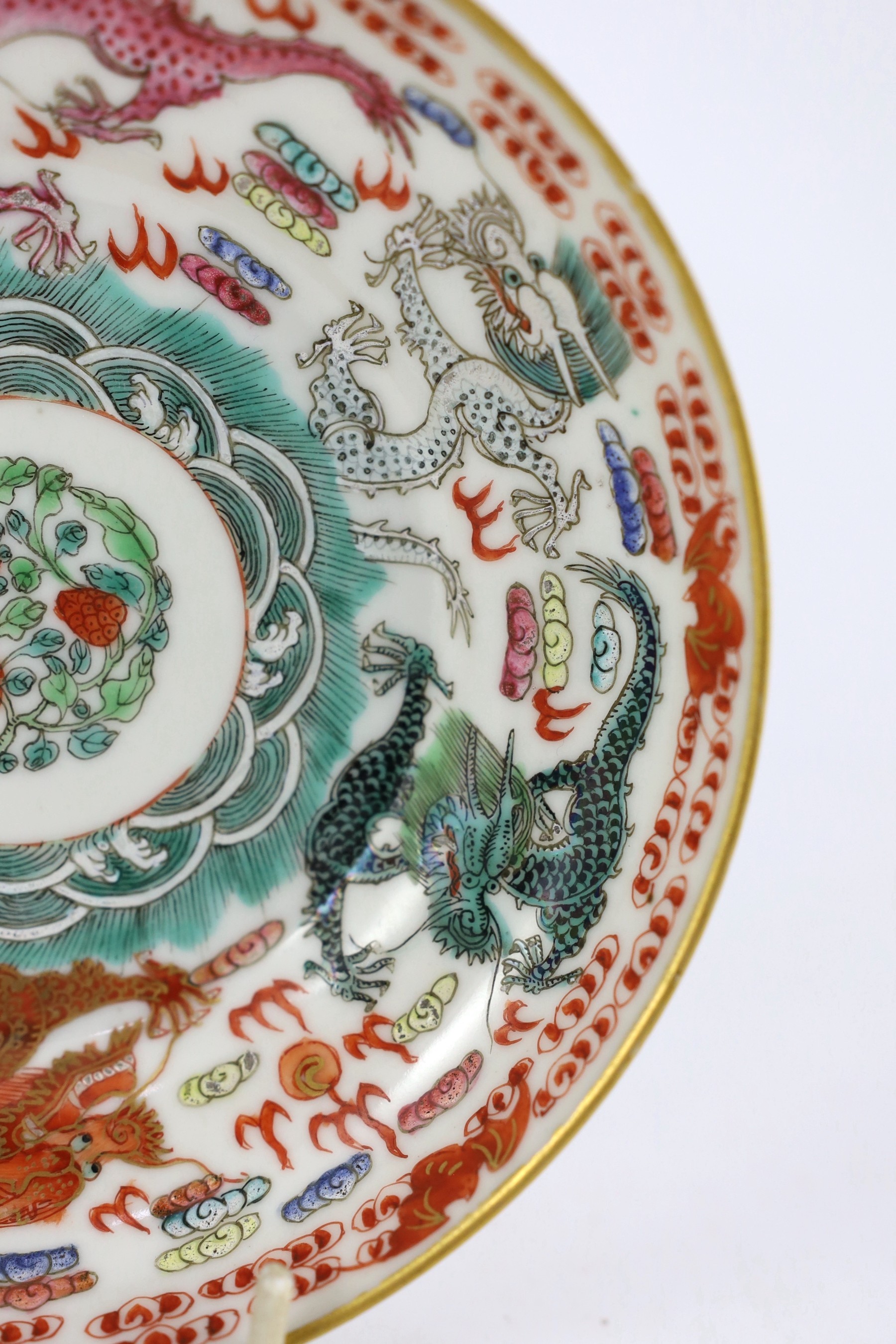 A Chinese famille rose fencai ‘dragon’ saucer dish, Jiaqing four character seal mark, 19th - Image 5 of 7