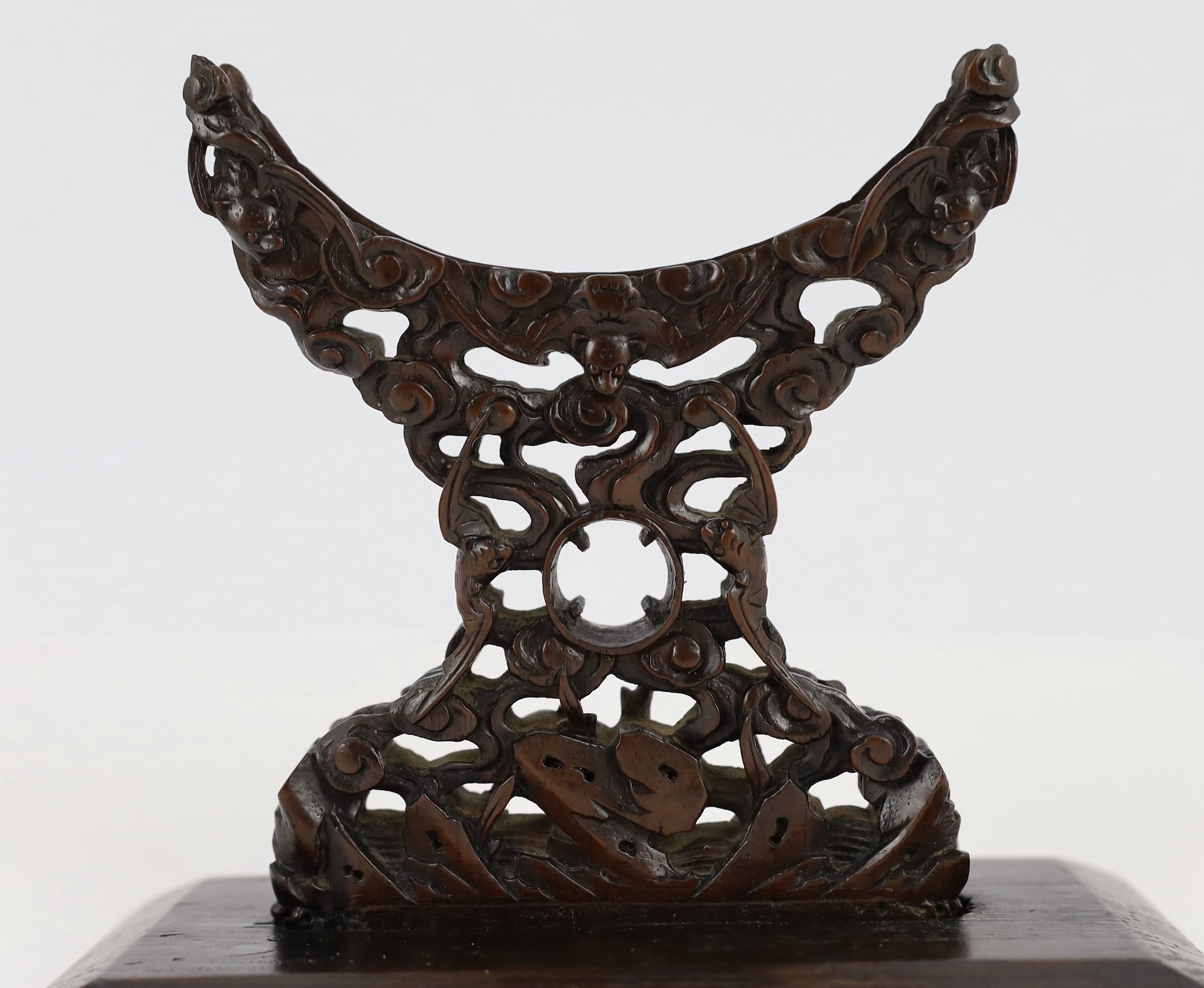 A Chinese zitan stand for a circular plaque, 18th/19th century, carved in high relief and open- - Image 2 of 5