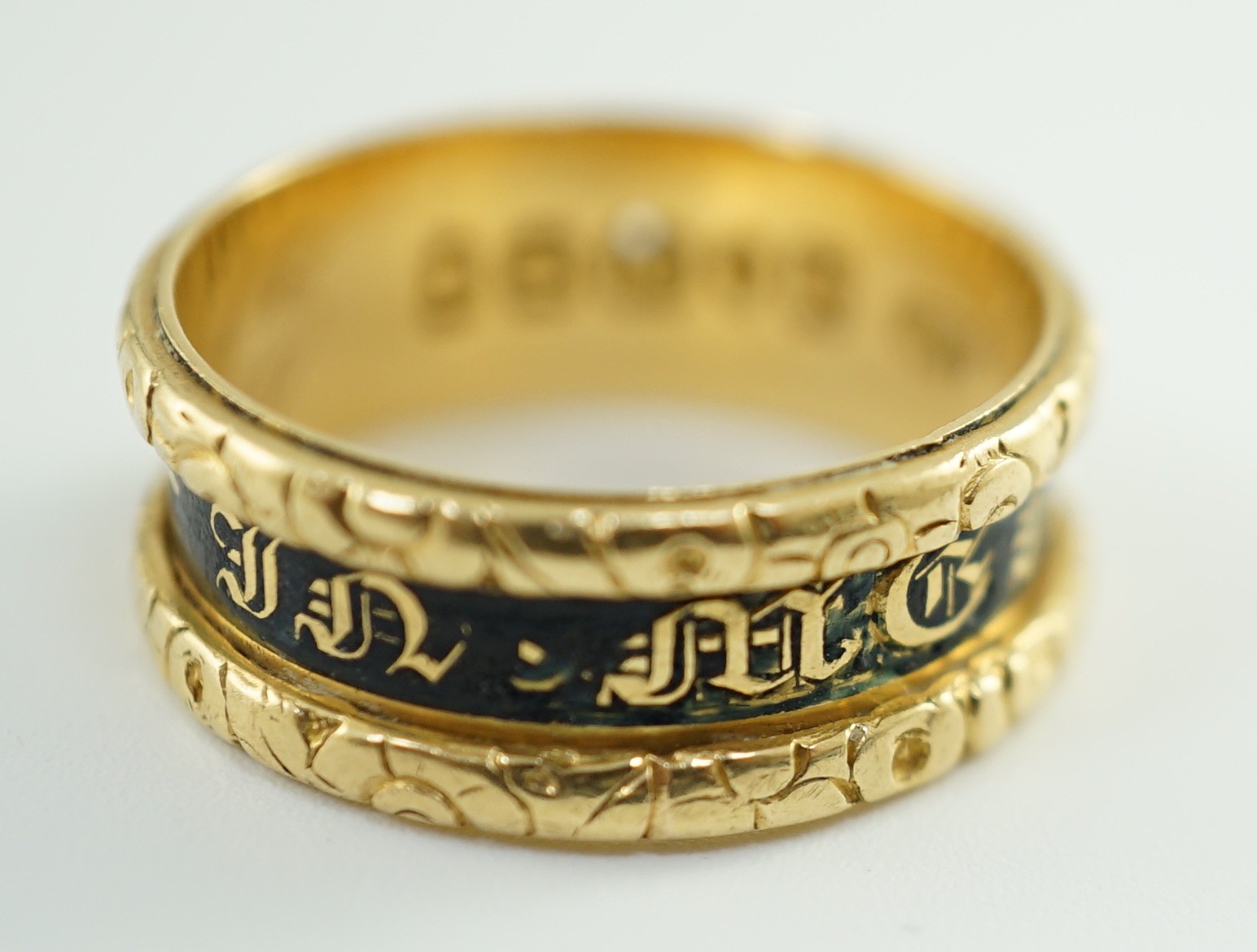 A George IV 18ct gold and black enamel 'In Memory Of' mourning band, with carved scroll border, - Image 6 of 9