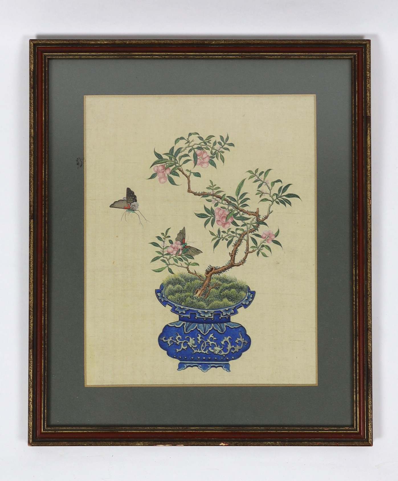 A Chinese painting on silk of a blue glazed jardiniere containing a lychee plant with butterflies, - Image 2 of 3