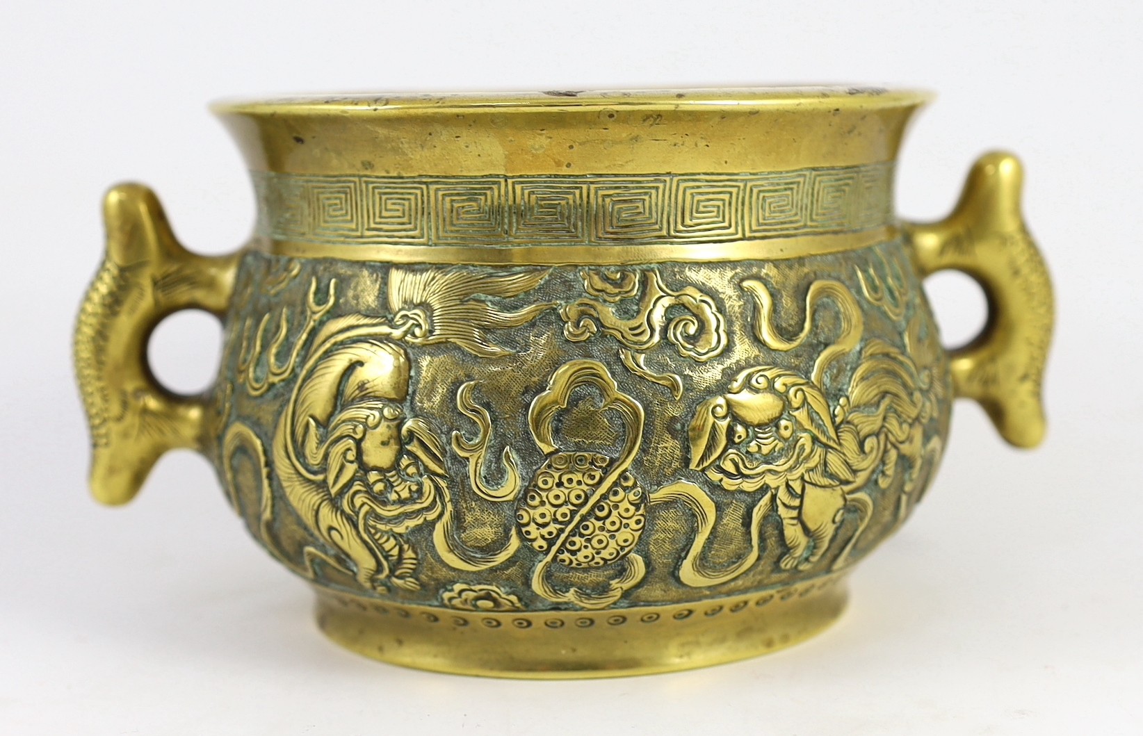 A Chinese polished bronze ‘Buddhist lion’ censer, gui, 19th century, cast and chased in relief - Image 3 of 10