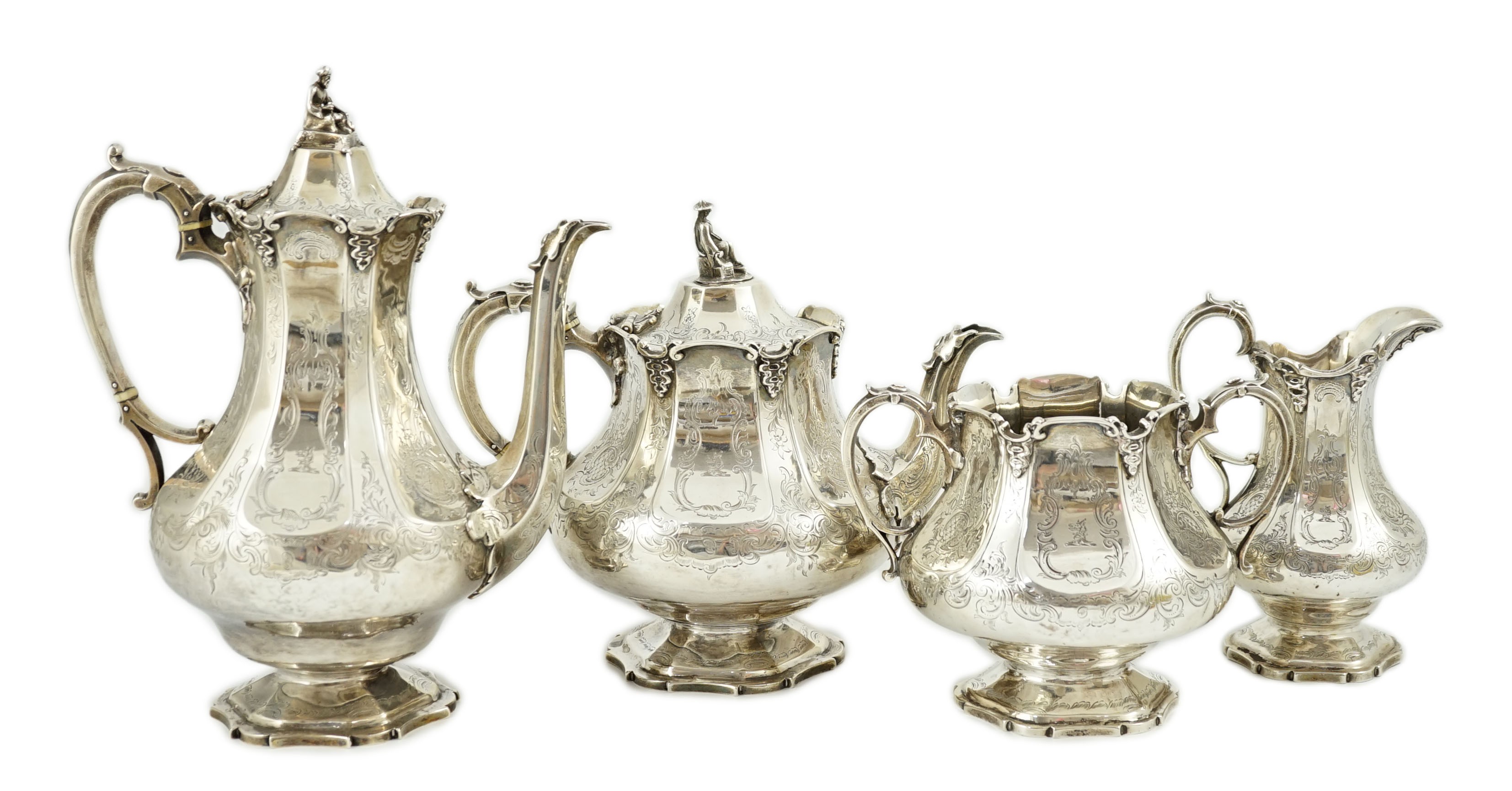 A Victorian silver pedestal four piece tea and coffee service by Robert Harper, of panelled baluster