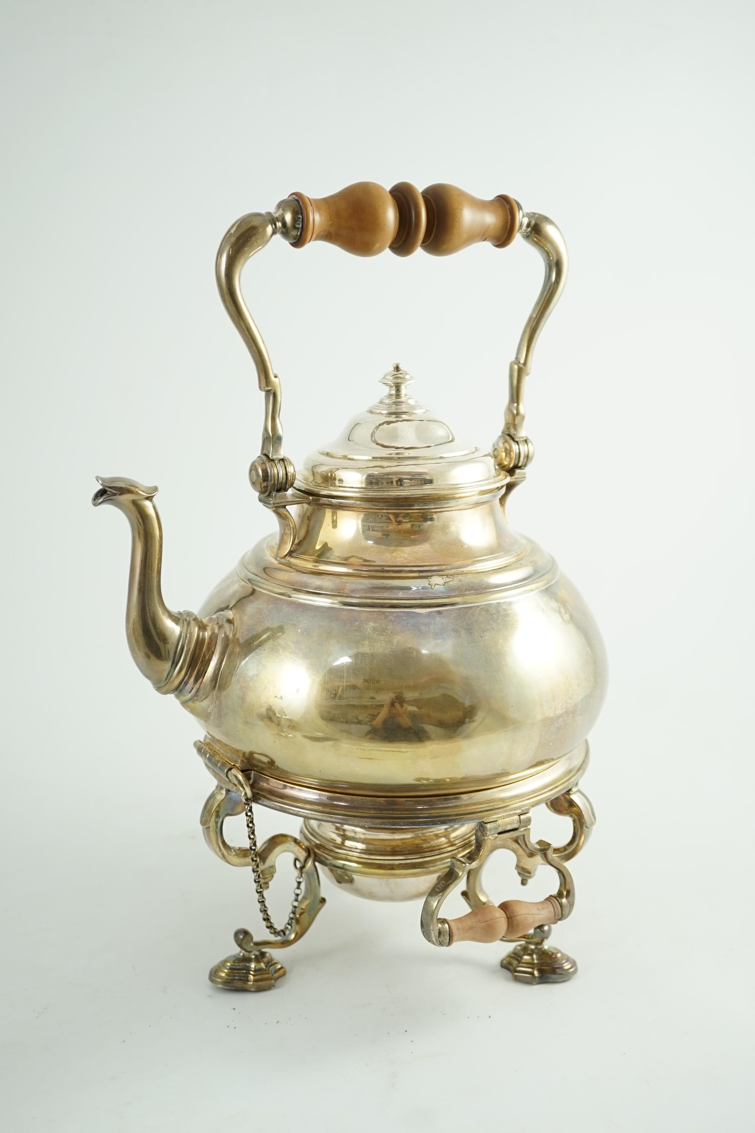 A large George V Britannia standard silver tea kettle on two handled stand, with burner, by - Image 2 of 6