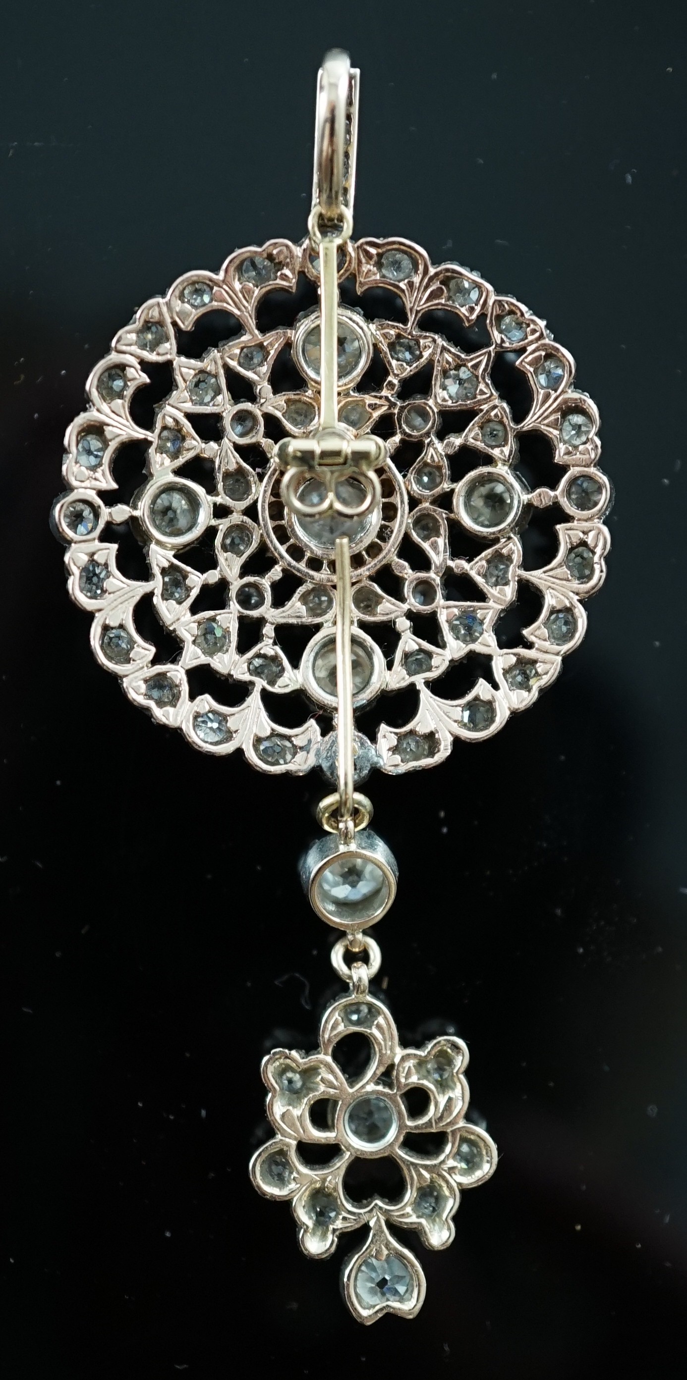A good Victorian gold, silver and graduated diamond cluster set target drop pendant brooch, retailed - Image 6 of 9