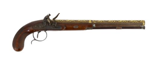 An early 19th century gold overlaid flintlock pistol, by Beckwith, London, the barrel overlaid