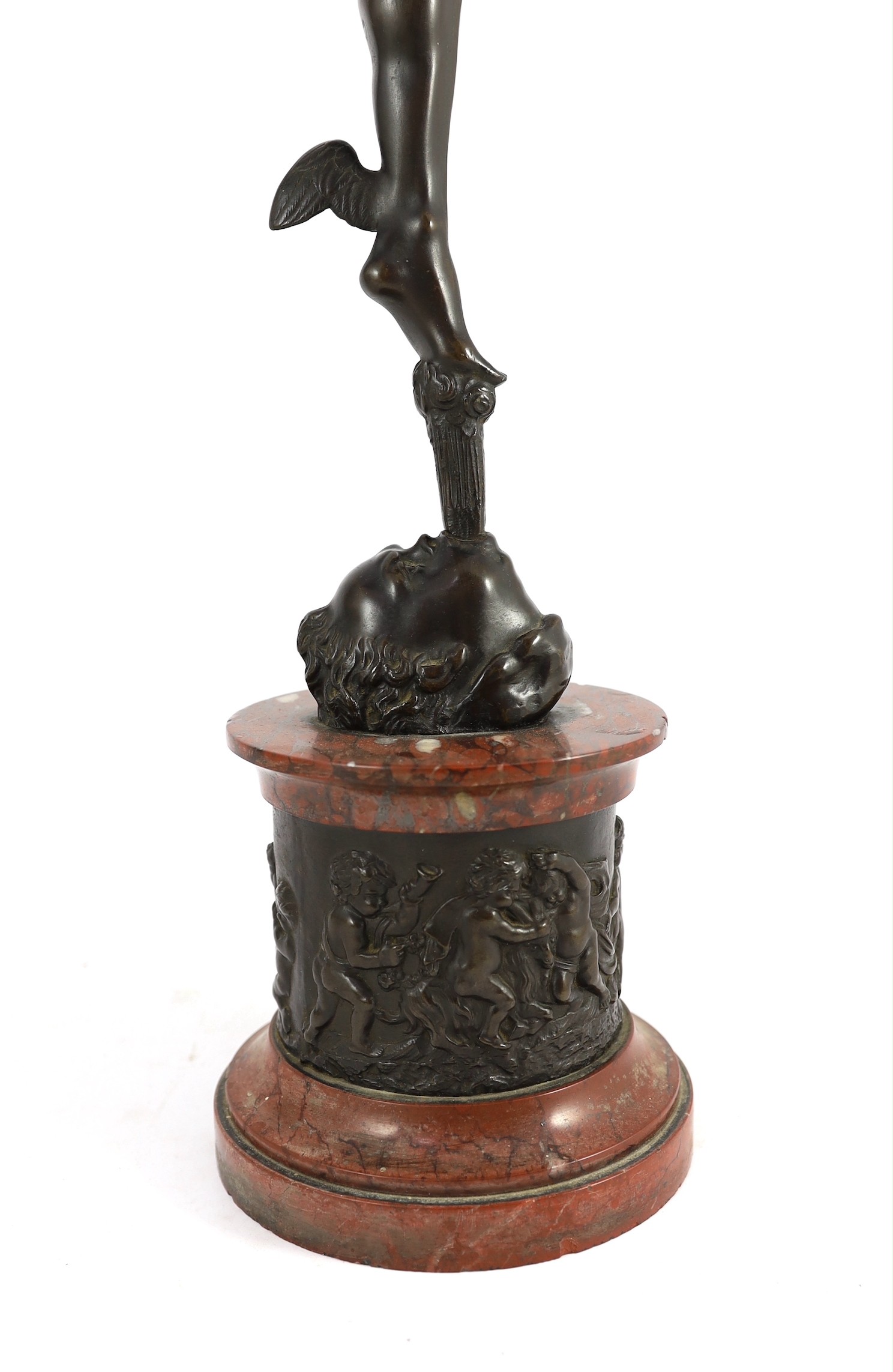 After Giambologna. A Grand Tour bronze figure of Mercury, on red marble socle with bronze frieze - Image 6 of 6