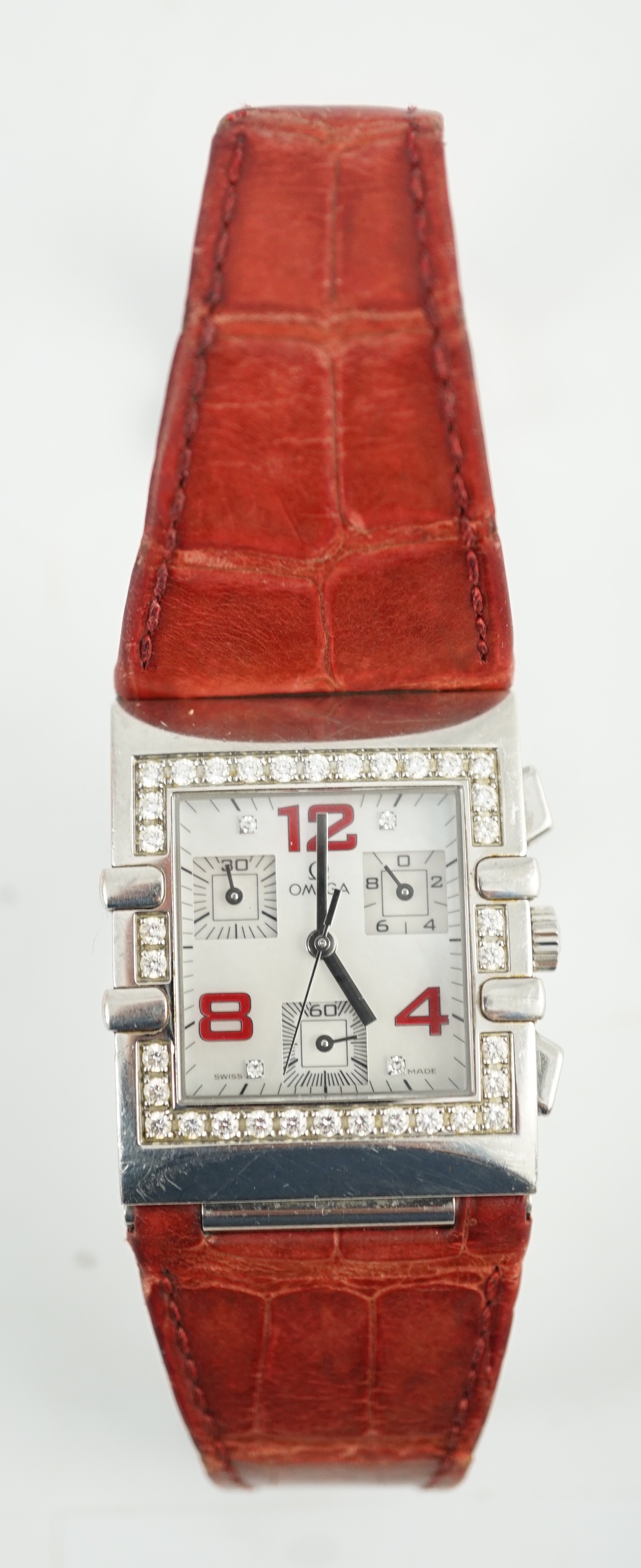 A lady's modern 2005 stainless steel Omega chronograph quartz rectangular wrist watch, with mother - Image 2 of 4
