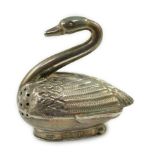 A late Victorian Dutch silver novelty vinaigrette, modelled as a swan, import marks for Samuel Boyce