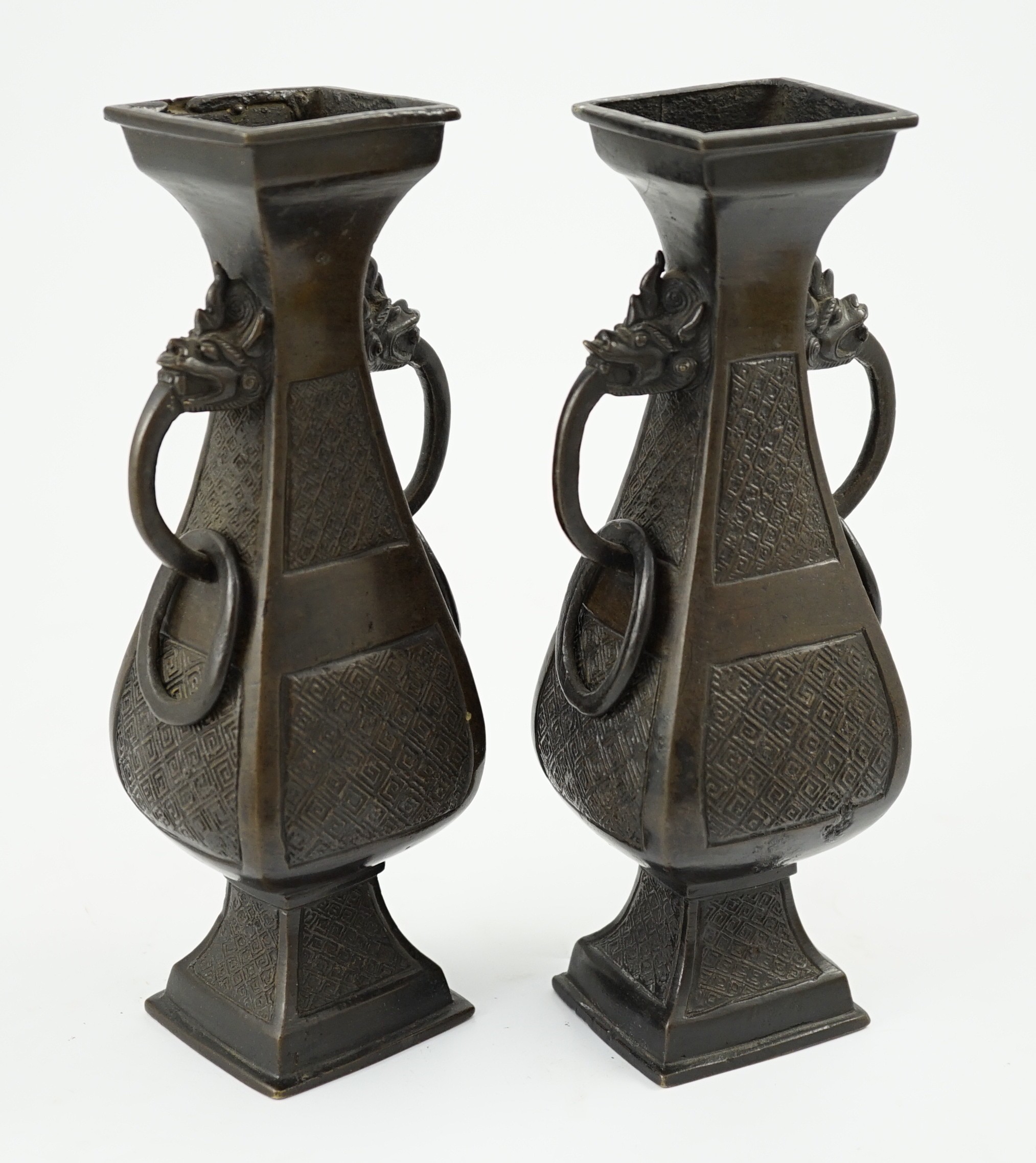 A pair of Chinese archaistic bronze two handled altar vases, Ming dynasty, of rectangular baluster - Image 6 of 7