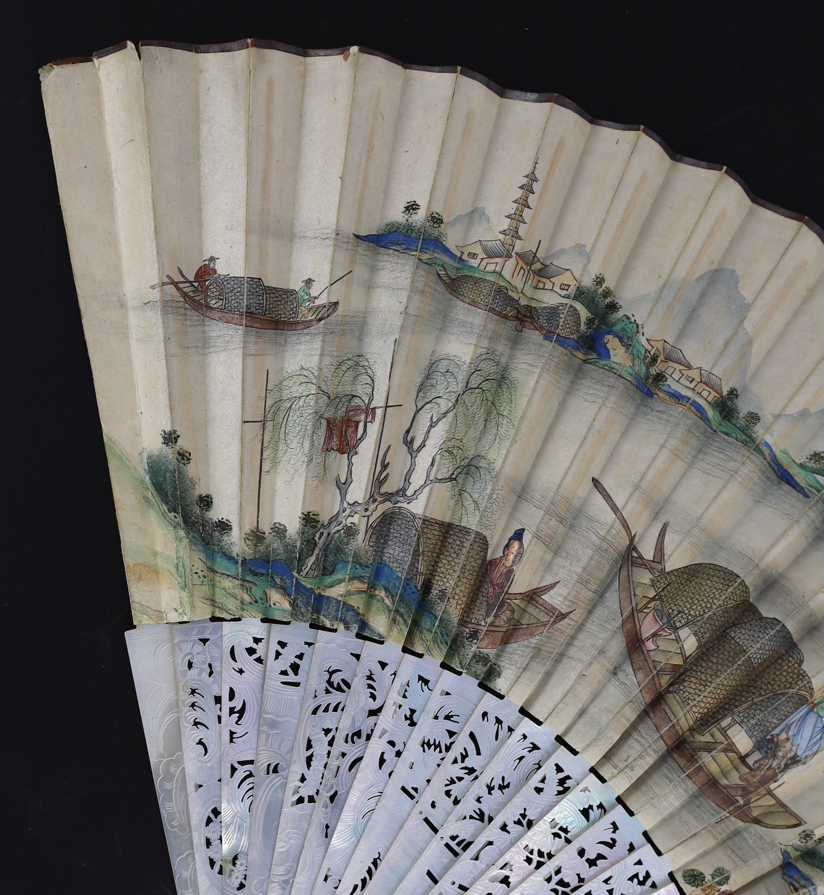 A Chinese painted leaf fan with mother-of-pearl sticks, 19th century, the leaf painted with ladies - Image 2 of 10