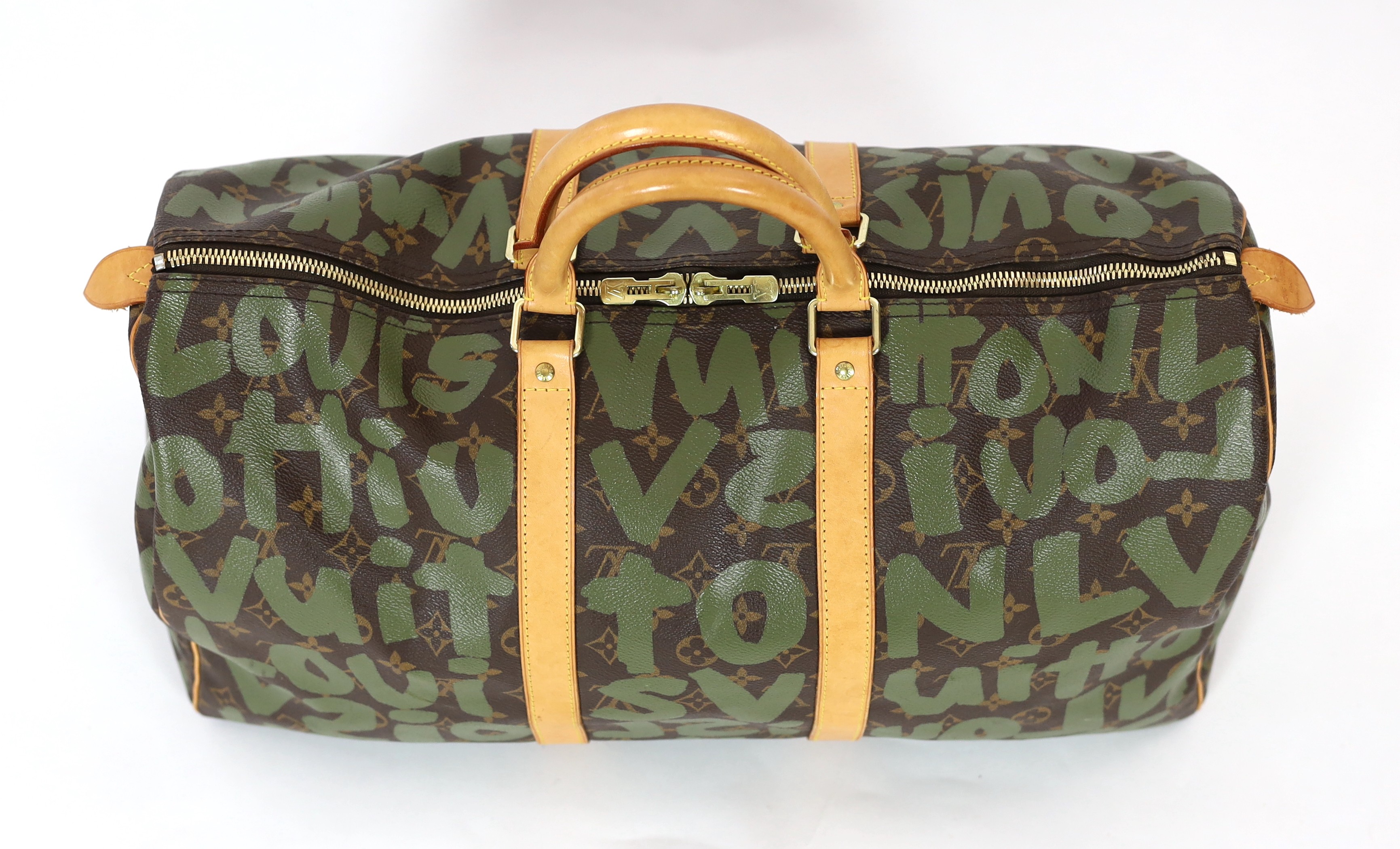 A vintage 2001 Louis Vuitton Stephen Sprouse Khaki Green Monogram Graffiti Keepall 50 - Image 2 of 10