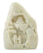 A Chinese pale celadon jade boulder carving, carved in high relief and openwork with Shou Lao, sages