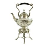 An ornate late 19th/early 20th century Austro-Hungarian 800 standard silver tea kettle on stand,