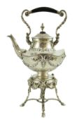 An ornate late 19th/early 20th century Austro-Hungarian 800 standard silver tea kettle on stand,