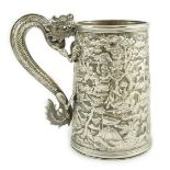 A 19th century Chinese Export double skinned silver mug, by Leeching (a.f.), with engraved