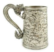 A 19th century Chinese Export double skinned silver mug, by Leeching (a.f.), with engraved