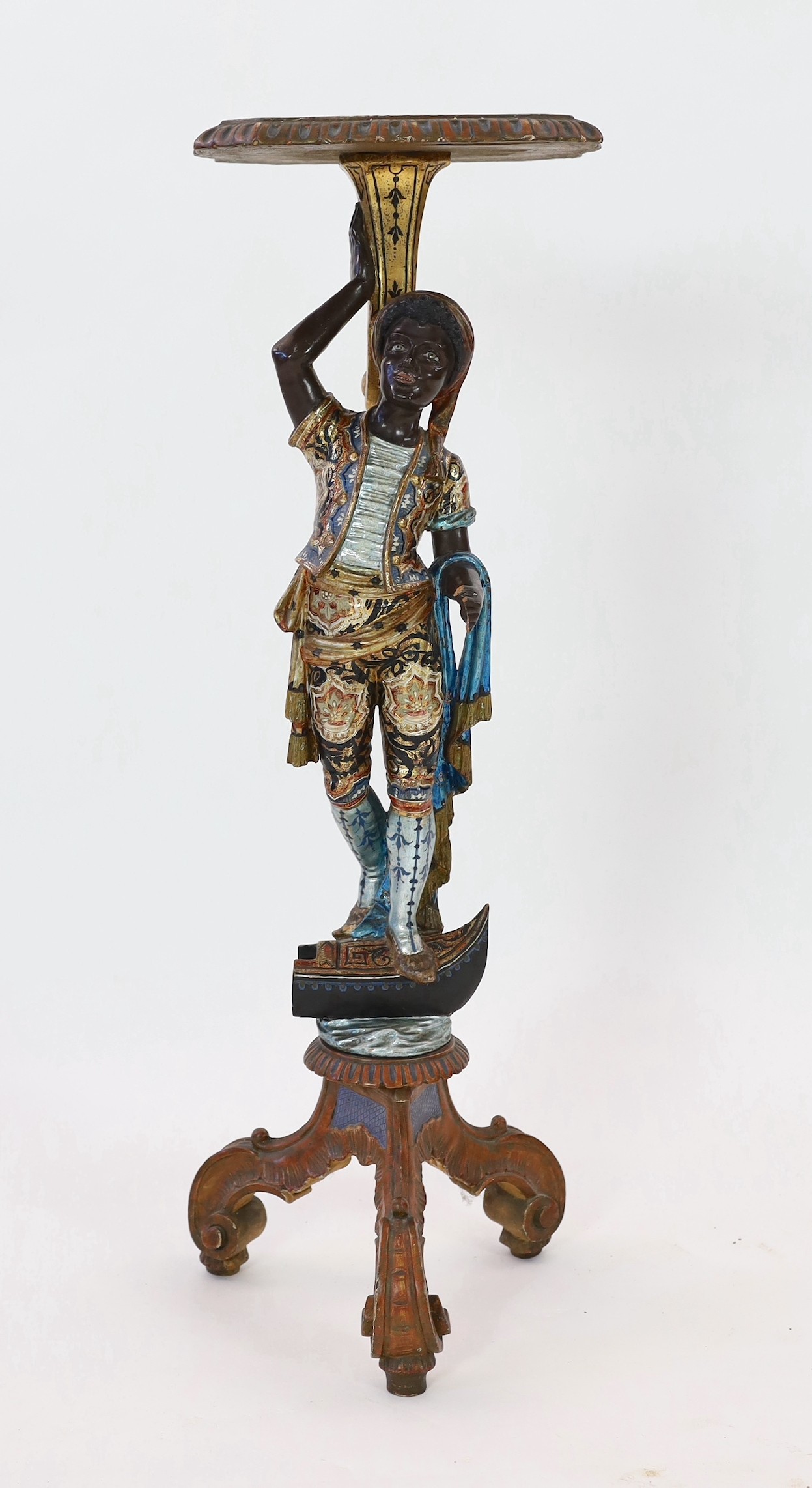 A 19th century Venetian carved wood and polychrome gondolier blackamoor table, the stem carved as - Image 2 of 6