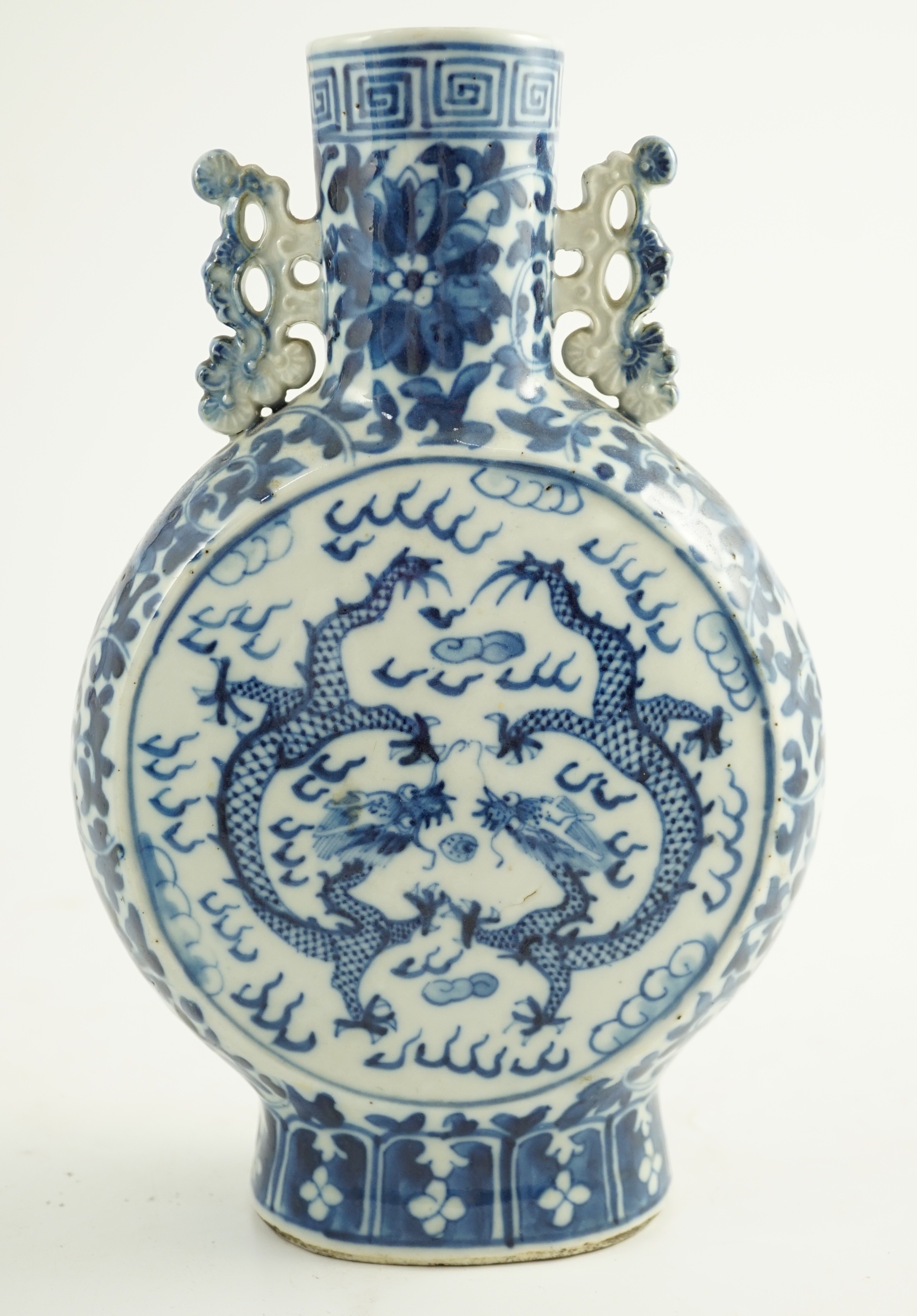 A Chinese blue and white ‘dragon’ moonflask, 19th century, each side painted with two confronting - Image 4 of 6