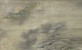 Japanese School, late Edo period, scroll painting of waves and the moon behind rocks, red seal