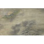 Japanese School, late Edo period, scroll painting of waves and the moon behind rocks, red seal