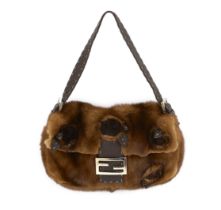 A rare vintage Fendi Baguette brown mink shoulder bag, with brown leather stitched strap, original