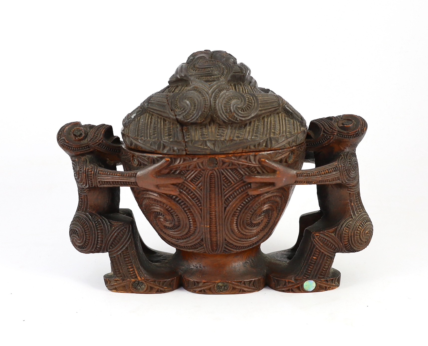 A Maori carved wood oblong bowl and cover, kumete, c.1880-1910, probably carved in totara wood - Image 2 of 7