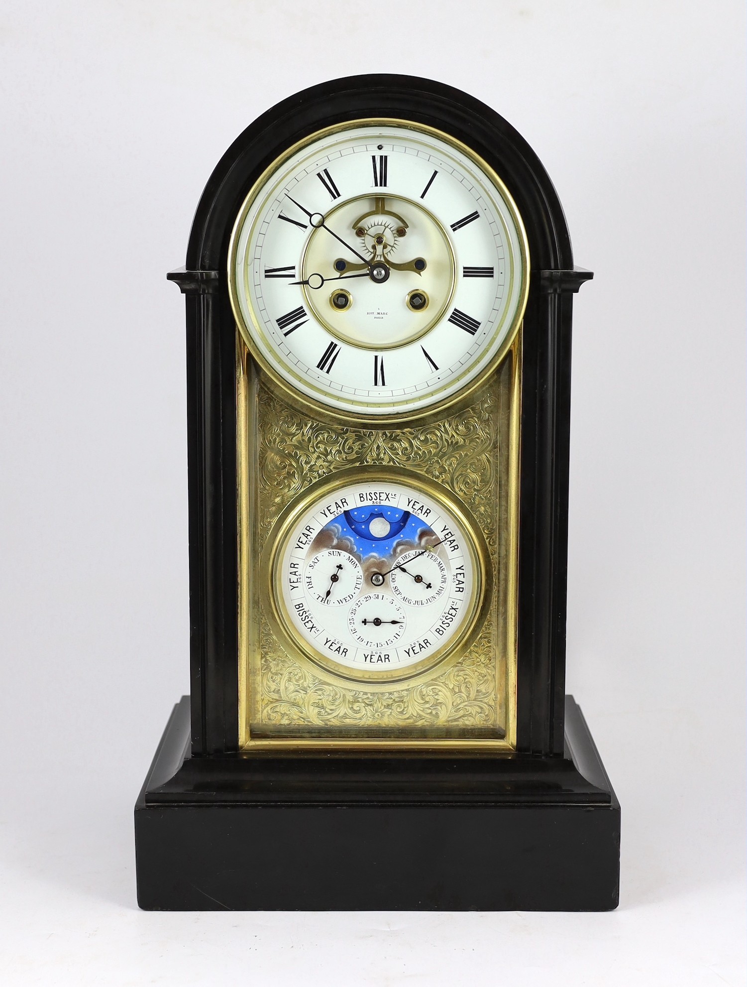 Henri Marc, Paris. A 19th century French arched top black marble mantel clock with perpetual - Image 2 of 6