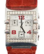 A lady's modern 2005 stainless steel Omega chronograph quartz rectangular wrist watch, with mother