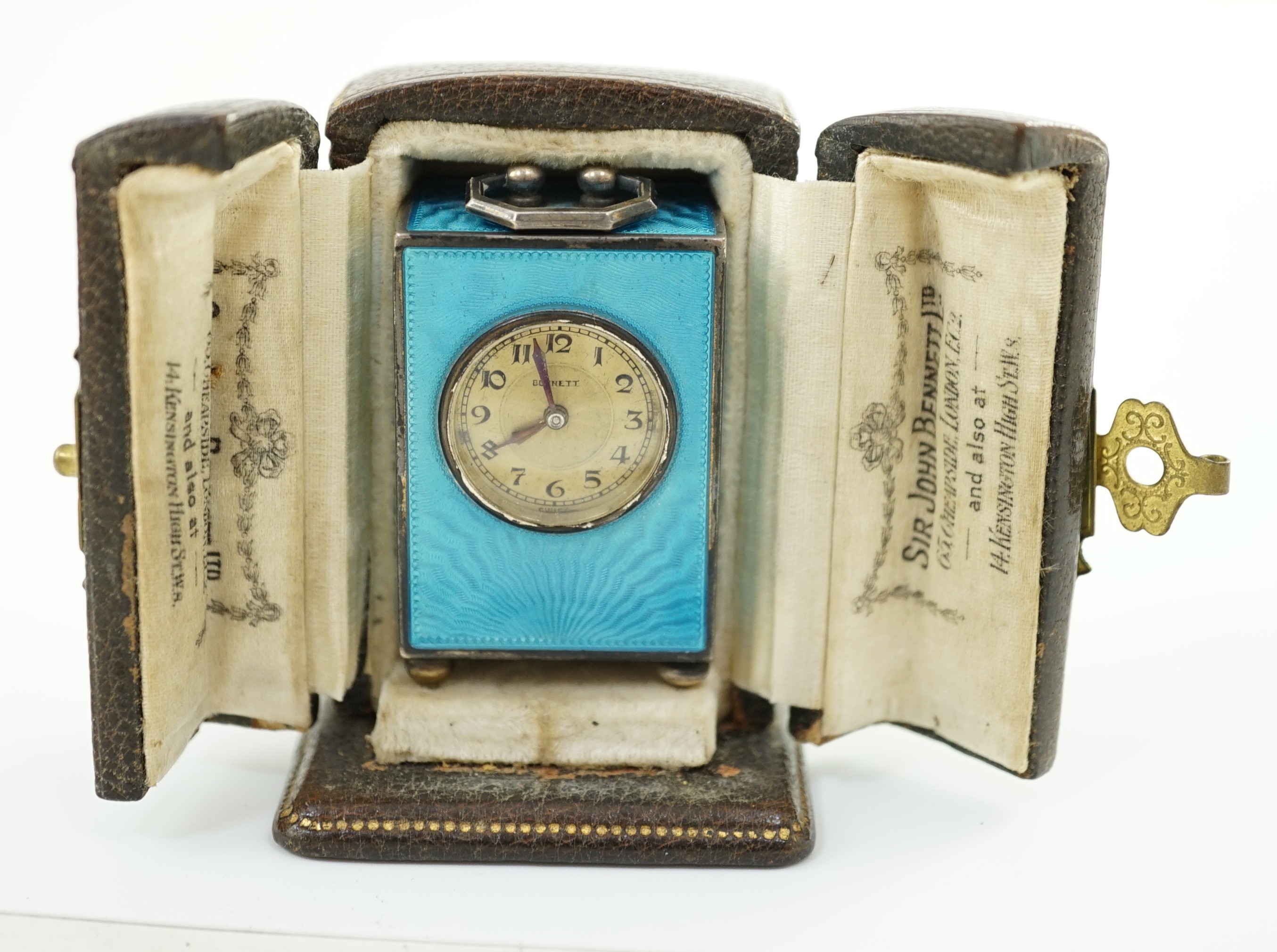 A George V Swiss blue enamel and silver cased miniature carriage timepiece, import marks for - Image 12 of 12