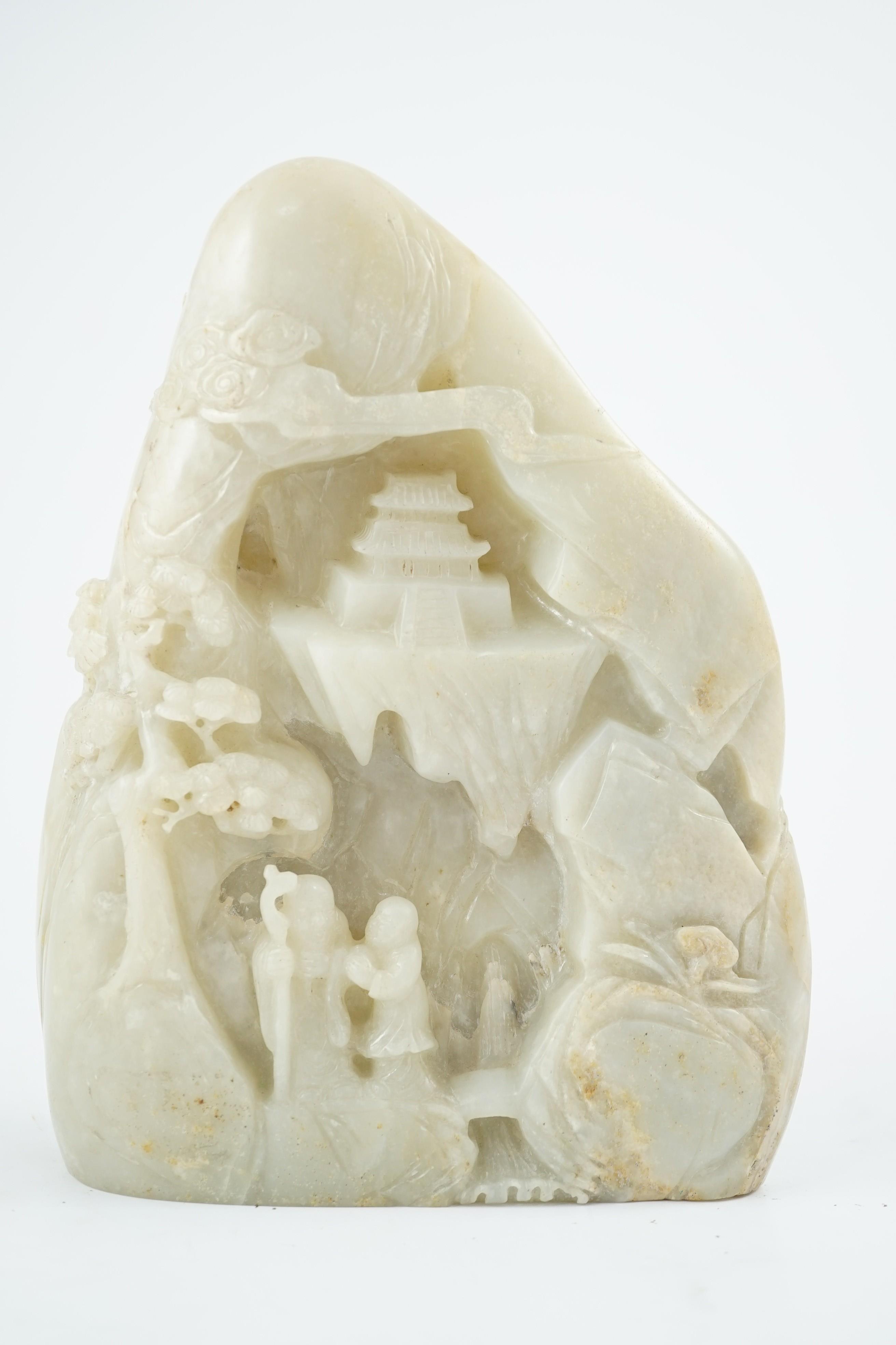 A Chinese pale celadon jade boulder carving, carved in high relief and openwork with Shou Lao, sages - Image 2 of 4