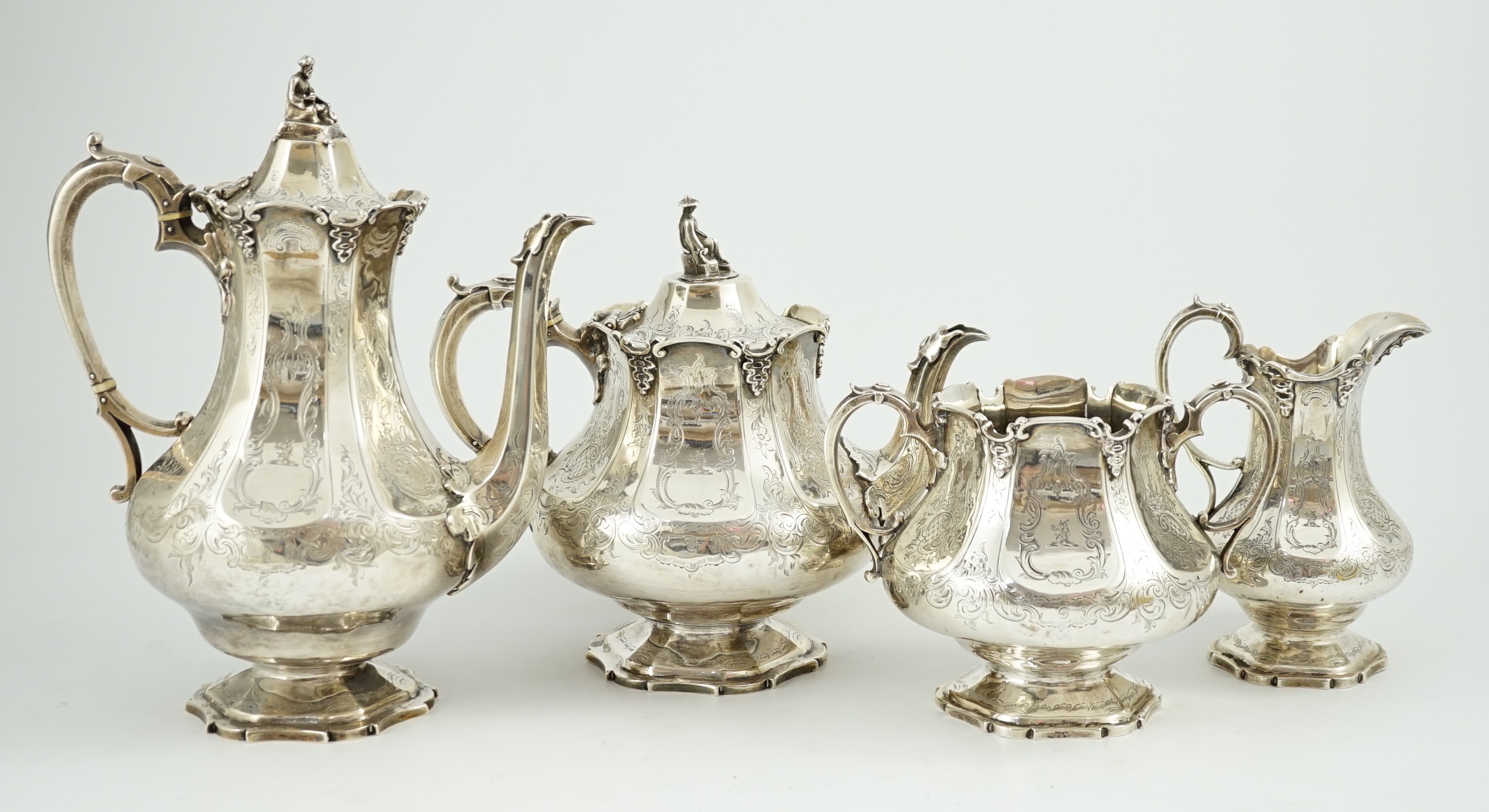 A Victorian silver pedestal four piece tea and coffee service by Robert Harper, of panelled baluster - Image 2 of 4