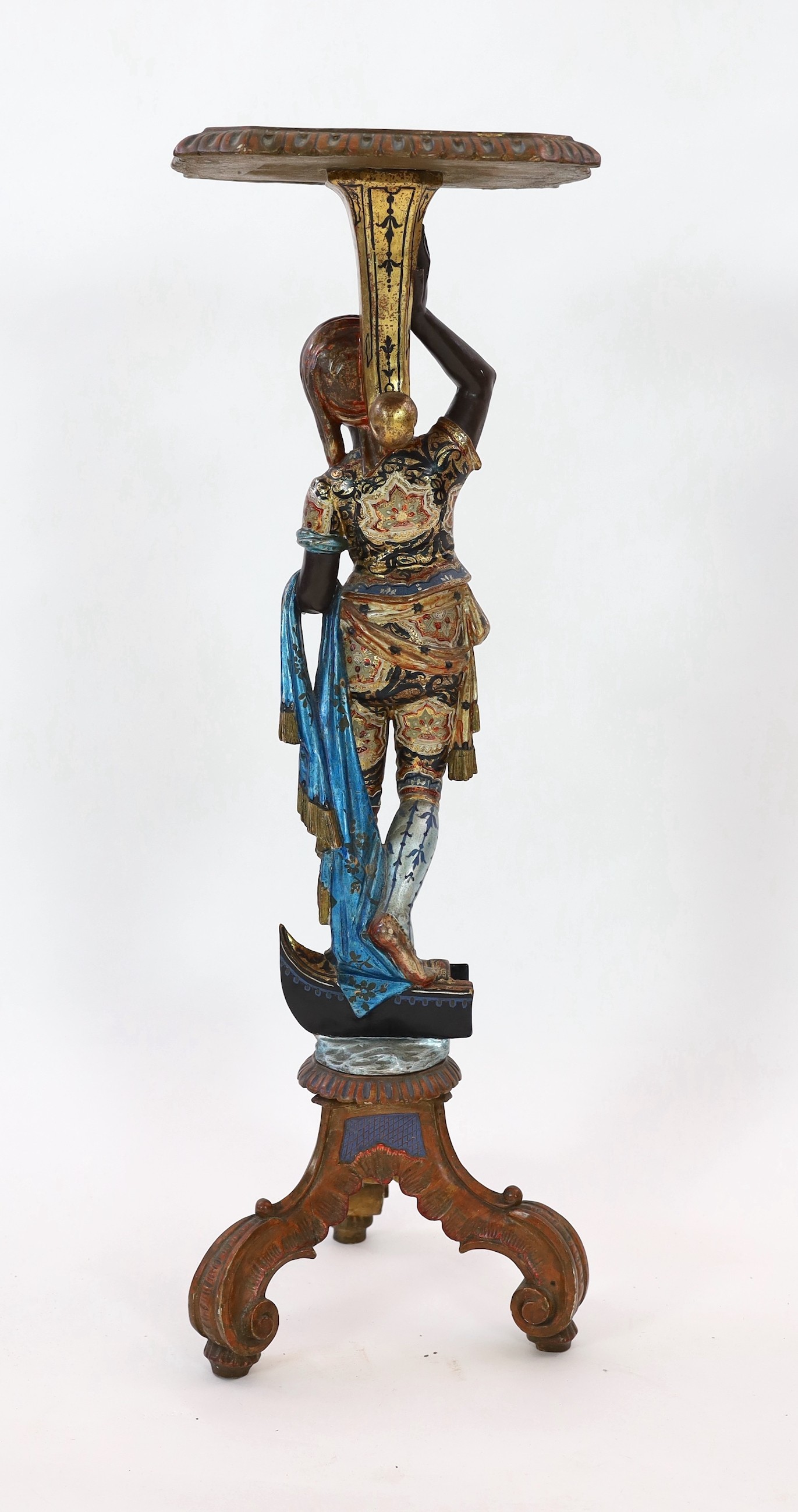 A 19th century Venetian carved wood and polychrome gondolier blackamoor table, the stem carved as - Image 6 of 6