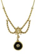 A Victorian gold, black enamel and seed pearl set mourning pendant necklace, the pendant verso