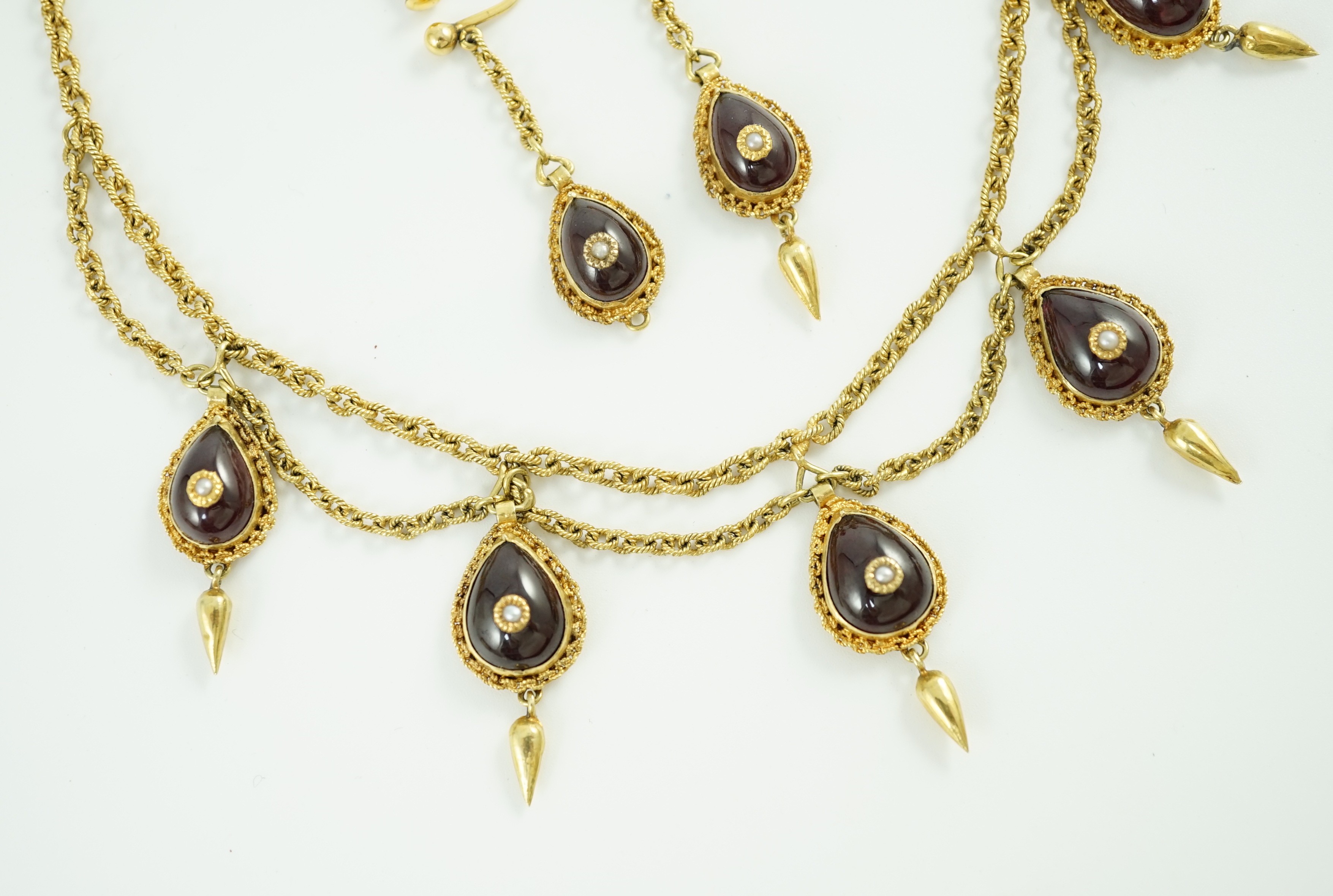 A 19th century Indian gold, garnet and seed pearl set demi parure, comprising and a drop fringe - Image 7 of 7
