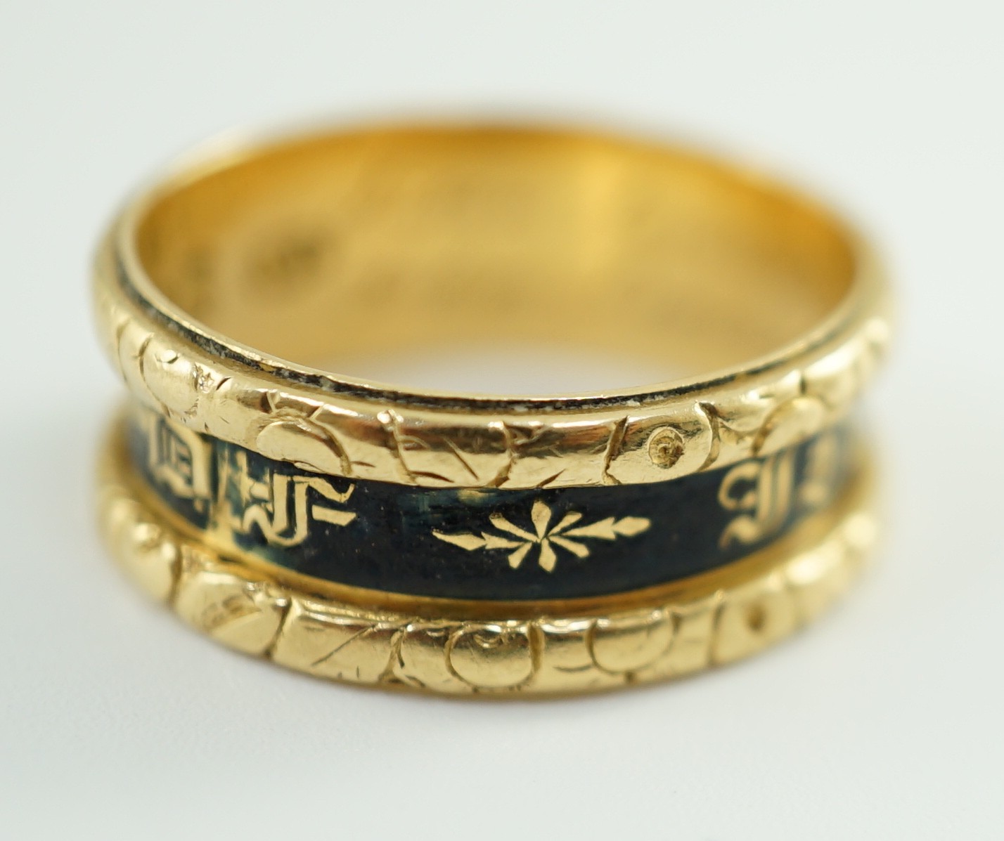 A George IV 18ct gold and black enamel 'In Memory Of' mourning band, with carved scroll border, - Image 5 of 9