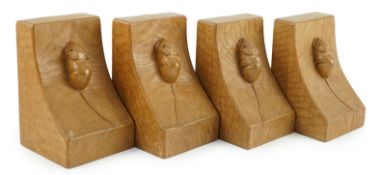 Two pairs of Robert Thompson Mouseman Thompson oak bookends, each carved with a mouse, width 9.5cm