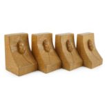 Two pairs of Robert Thompson Mouseman Thompson oak bookends, each carved with a mouse, width 9.5cm