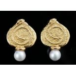 A pair of 1990's 18ct gold and cultured pearl set shiraz ear clips by Elizabeth Gage, stamped Gage