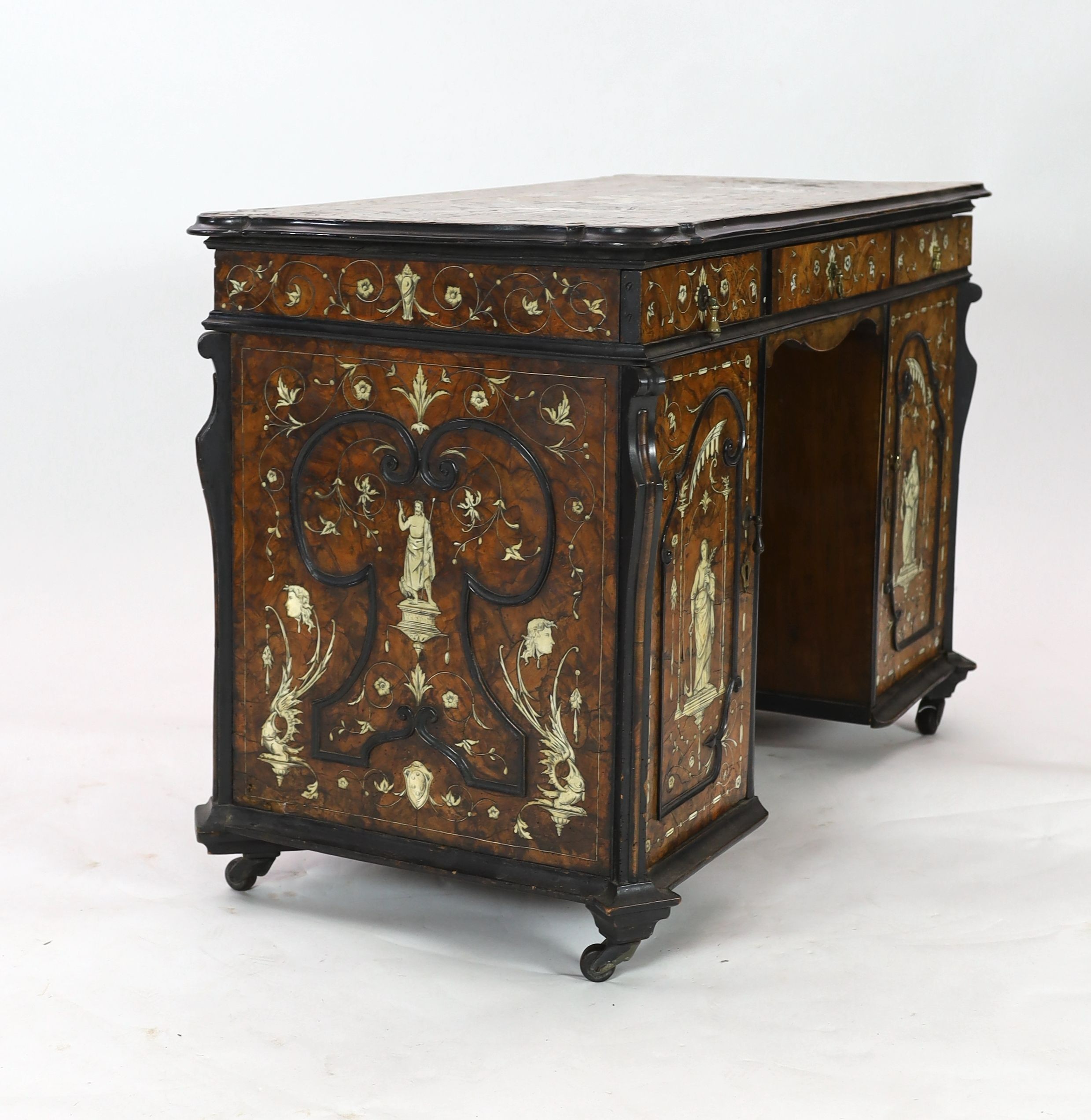 An important 18th century Lombardy ebony banded walnut and ivory inlaid twin pedestal desk, the - Image 4 of 5