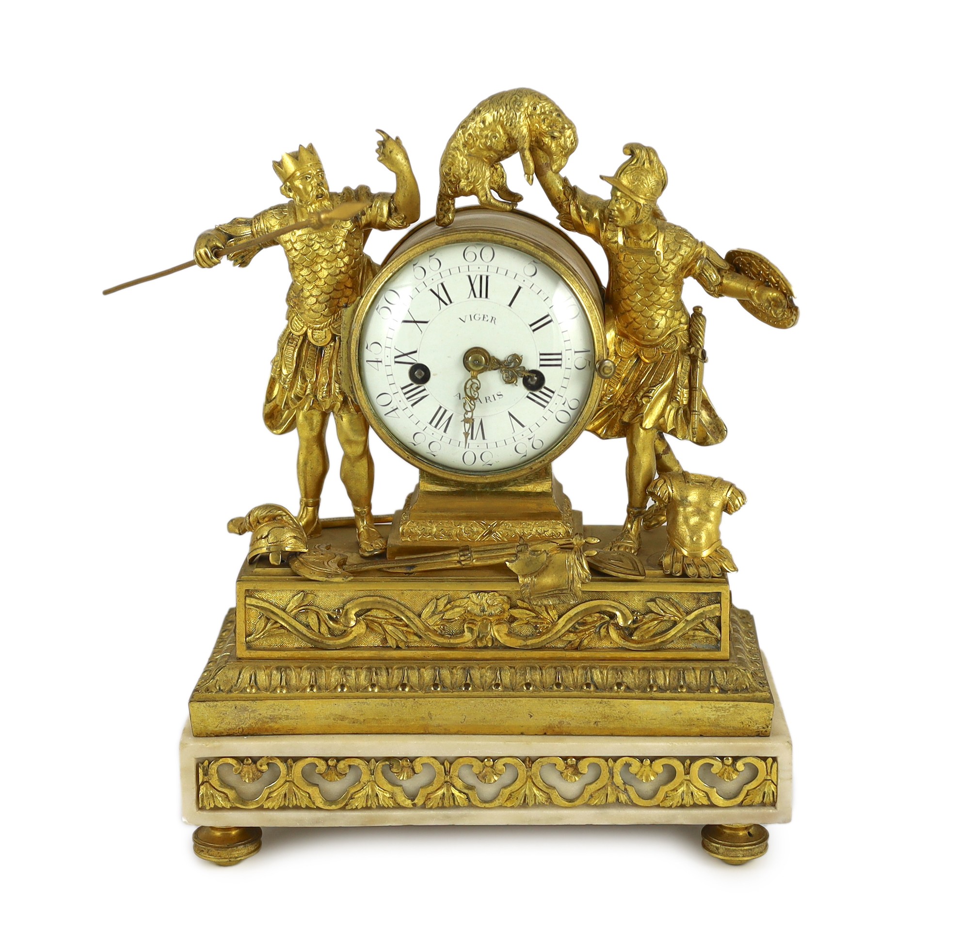 Viger à Paris. An early 19th century French ormolu mantel clock, surmounted with figures of a King