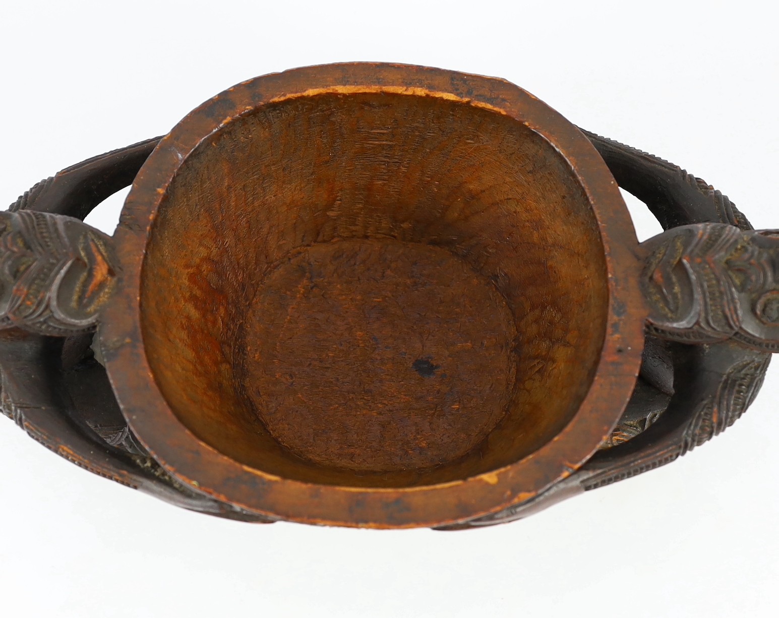 A Maori carved wood oblong bowl and cover, kumete, c.1880-1910, probably carved in totara wood - Image 6 of 7