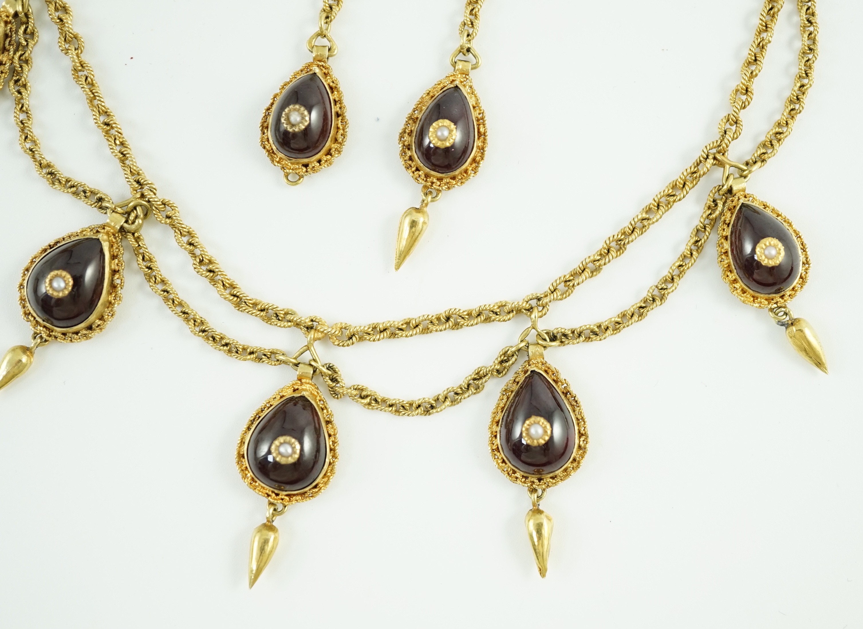 A 19th century Indian gold, garnet and seed pearl set demi parure, comprising and a drop fringe - Image 4 of 7